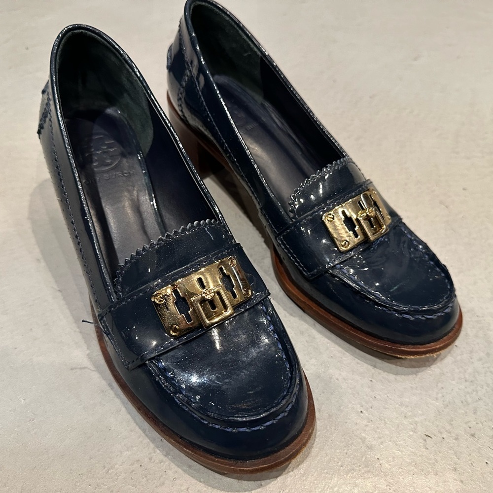 Navy blue patent Tory Burch loafers